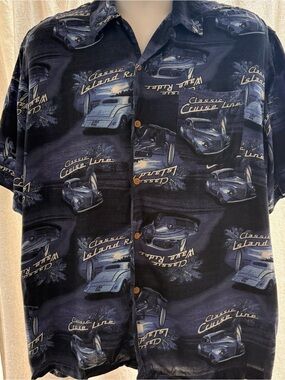 George Men's L (42-44) Rayon Hawaiian Shirt Vintage Classic Cars Blue